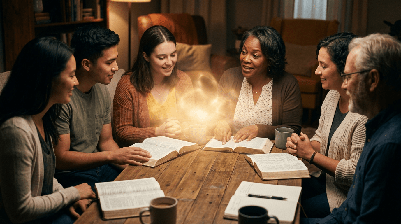 Six people sitting around a wooden table reading Bibles and discussing
